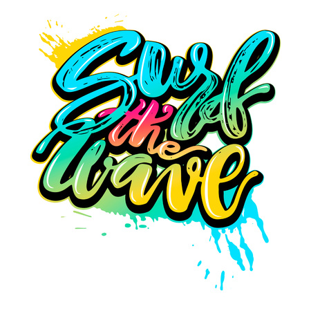 Surf the wave-summer sea ocean vacation travel hand drawn motivation poster.Artistic modern brush calligraphy design for a logo, greeting cards, invitations, posters, banners, t-shorts.のイラスト素材