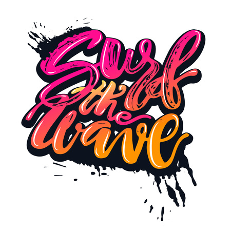 Surf the wave-summer sea ocean vacation travel hand drawn motivation poster.Artistic modern brush calligraphy designのイラスト素材