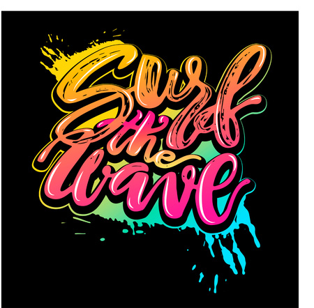 Surf the wave-summer sea ocean vacation travel hand drawn motivation poster.Artistic modern brush calligraphy designのイラスト素材