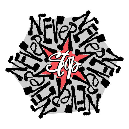 Never Stop mandala style calligraphic lettering promotional slogan design. Handdrawn trendy circular inscription with authentic and unique scrapes and scratches for a logo, cards, invitations, posters, bannersのイラスト素材