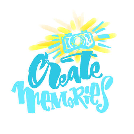 Create Memories concept, inspirational calligraphic lettering quote.Artistic print,handdrawn trendy design with authentic watercolor blotted background for a logo, cards, invitations, posters, bannersのイラスト素材