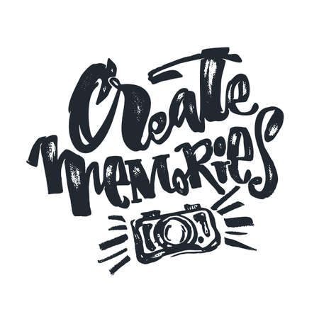 Create Memories concept, inspirational calligraphic lettering quote.Artistic print,handdrawn trendy design with authentic watercolor blotted background for a logo, cards, invitations, posters, bannersのイラスト素材
