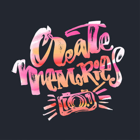 Create Memories concept, inspirational calligraphic lettering quote.Artistic print,handdrawn trendy design with authentic watercolor blotted background for a logo, cards, invitations, posters, bannersのイラスト素材