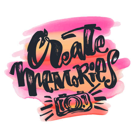 Create Memories concept, inspirational calligraphic lettering quote.Artistic print,handdrawn trendy design with authentic watercolor blotted background for a logo, cards, invitations, posters, bannersのイラスト素材