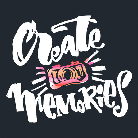 Create Memories concept, inspirational calligraphic lettering quote.Artistic print,handdrawn trendy design with authentic watercolor blotted background for a logo, cards, invitations, posters, bannersのイラスト素材
