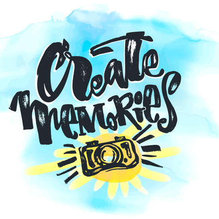 Create Memories concept, inspirational calligraphic lettering quote.Artistic print,handdrawn trendy design with authentic watercolor blotted background for a logo, cards, invitations, posters, bannersのイラスト素材