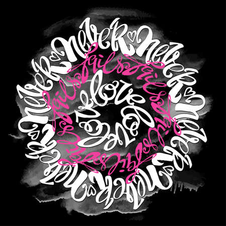 Love concept lettering poster, inspirational postcard with "Love Never Fails"quote. Artistic design for a logo, greeting cards, invitations, posters, banners, seasonal greetings illustrations.のイラスト素材