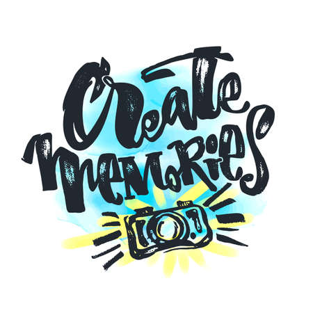 Create Memories concept, inspirational calligraphic lettering quote.Artistic print,handdrawn trendy design with authentic watercolor blotted background for a logo, cards, invitations, posters, bannersのイラスト素材