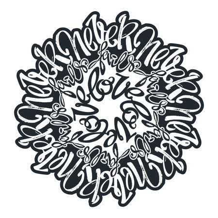 Love concept lettering poster, inspirational postcard with "Love Never Fails"quote. Artistic design for a logo, greeting cards, invitations, posters, banners, seasonal greetings illustrations.のイラスト素材