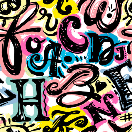 Seamless alphabet poster, dry brush ink artistic modern calligraphy print. Hand drawn trendy design with authentic and unique scrapes and scratches for a logo, cards.のイラスト素材