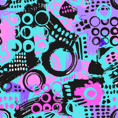 Memphis style hand drawn textured seamless pattern.Retro flavour trendy geometric elements painted with colorful ink brush strokes.のイラスト素材
