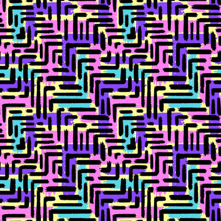 Memphis style hand drawn textured seamless pattern.Retro flavour trendy geometric elements painted with colorful ink brush strokes.のイラスト素材