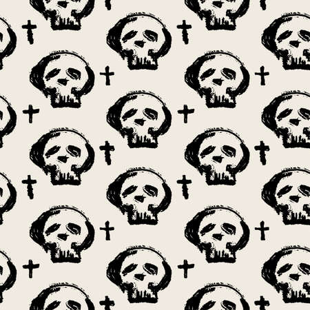 Seamless skulls textile doodle pattern grunge texture.Trendy modern ink artistic design with authentic,unique scrapes, watercolor blotted background for a logo, cards, invitations, posters, banners.のイラスト素材