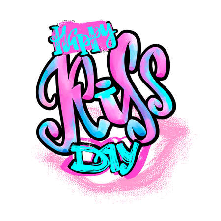Happy kiss day calligraphic lettering poster.Modern dry brush ink artistic print. Handdrawn trendy design with authentic and unique scrapes, watercolor blotted background.のイラスト素材