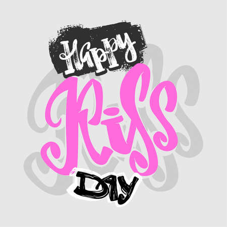 Happy kiss day calligraphic lettering poster.Modern dry brush ink artistic print. Handdrawn trendy design with authentic and unique scrapes, watercolor blotted background.のイラスト素材