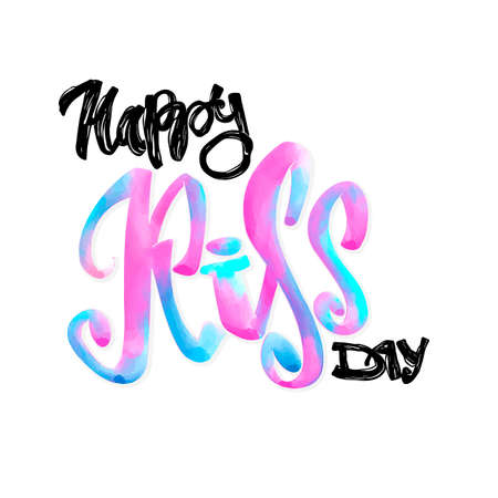 Happy kiss day calligraphic lettering poster.Modern dry brush ink artistic print. Handdrawn trendy design with authentic and unique scrapes, watercolor blotted background.のイラスト素材