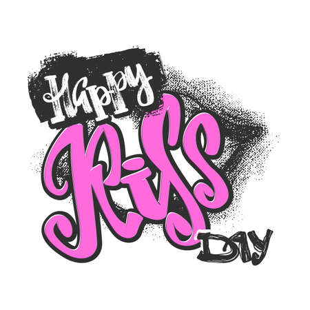 Happy kiss day calligraphic lettering poster.Modern dry brush ink artistic print. Handdrawn trendy design with authentic and unique scrapes, watercolor blotted background.のイラスト素材
