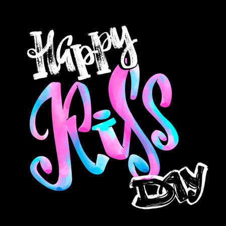 Happy kiss day calligraphic lettering poster.Modern dry brush ink artistic print. Handdrawn trendy design with authentic and unique scrapes, watercolor blotted background.のイラスト素材