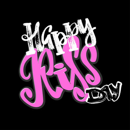 Happy kiss day calligraphic lettering poster.Modern dry brush ink artistic print. Handdrawn trendy design with authentic and unique scrapes, watercolor blotted background.のイラスト素材