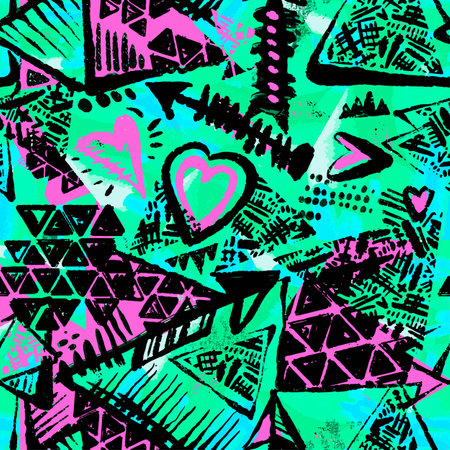 Seamless brushpen textile doodle pattern grunge texture.Trendy modern ink artistic design with authentic,unique scrapes, watercolor blotted background for a logo, cards, invitations, posters, banners.のイラスト素材