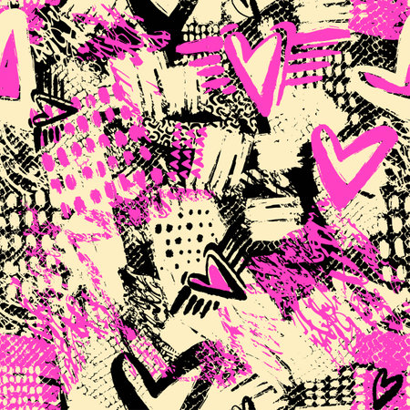 Seamless repeating textile, ink brush strokes pattern in doodle grunge texture style.Handdrawn trendy design, watercolor blotted background for a logo, cards, invitations, posters, banners.のイラスト素材