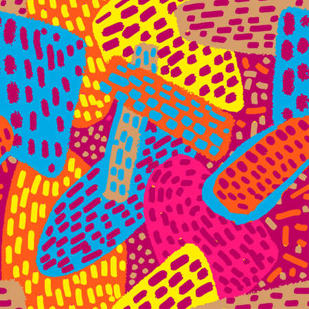 Memphis style hand drawn textured seamless pattern.Retro flavour trendy geometric elements painted with colorful ink brush strokes.のイラスト素材