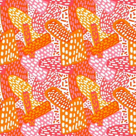 Memphis style hand drawn textured seamless pattern.Retro flavour trendy geometric elements painted with colorful ink brush strokes.のイラスト素材