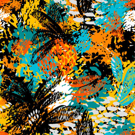 Seamless brushpen textile doodle pattern grunge texture.Trendy modern ink artistic design with authentic,unique scrapes, watercolor blotted background for a logo, cards, invitations, posters, banners.のイラスト素材
