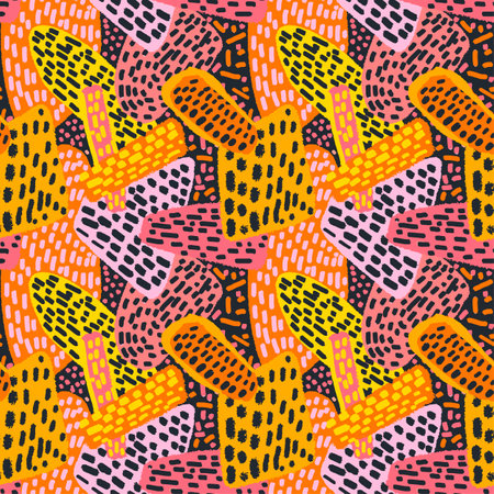 Memphis style hand drawn textured seamless pattern.Retro flavour trendy geometric elements painted with colorful ink brush strokes.のイラスト素材