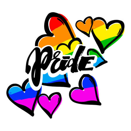 Gay pride rainbow colored hearts pattern.Hand rawn ink brush strokes design in doodle grunge style.Modern painted artistic print for a logo, cards, invitations, posters, banners.のイラスト素材