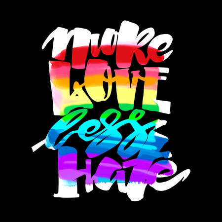 More love less hate.Gay pride  lettering calligraphic concept, inspirational homosexuality rainbow colored emblem. Watercolor slogan in doodle grunge texture styleのイラスト素材