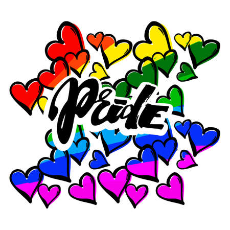 Gay pride rainbow colored hearts pattern.Hand rawn ink brush strokes design in doodle grunge style.Modern painted artistic print for a logo, cards, invitations, posters, banners.のイラスト素材