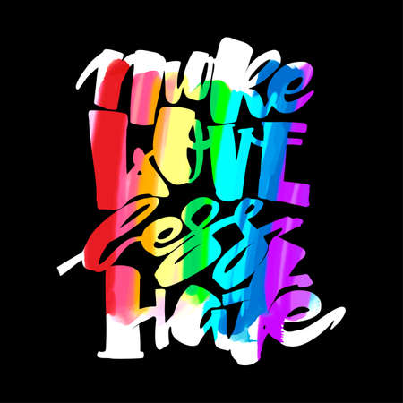 More love less hate.Gay pride  lettering calligraphic concept, inspirational homosexuality rainbow colored emblem. Watercolor slogan in doodle grunge texture styleのイラスト素材