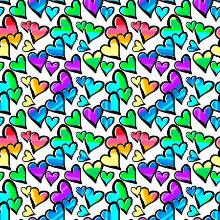Gay pride rainbow colored hearts seamless pattern.Hand rawn ink brush strokes design in doodle grunge style.Modern painted artistic print for a logo, cards, invitations, posters, banners.のイラスト素材