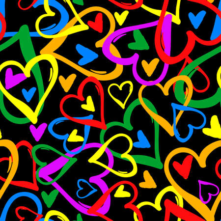 Gay pride rainbow colored hearts seamless pattern.Hand rawn ink brush strokes design in doodle grunge style.Modern painted artistic print for a logo, cards, invitations, posters, banners.のイラスト素材