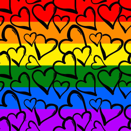 Gay pride rainbow colored hearts seamless pattern.Hand rawn ink brush strokes design in doodle grunge style.Modern painted artistic print for a logo, cards, invitations, posters, banners.のイラスト素材