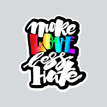 More love less hate.Gay pride  lettering calligraphic concept, inspirational homosexuality rainbow colored emblem. Watercolor slogan in doodle grunge texture styleのイラスト素材