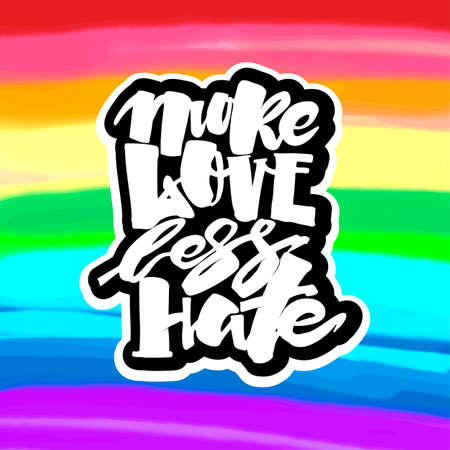 More love less hate.Gay pride  lettering calligraphic concept, inspirational homosexuality rainbow colored emblem. Watercolor slogan in doodle grunge texture styleのイラスト素材