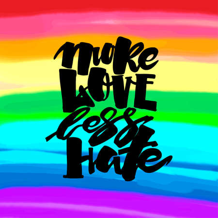 More love less hate.Gay pride  lettering calligraphic concept, inspirational homosexuality rainbow colored emblem. Watercolor slogan in doodle grunge texture styleのイラスト素材