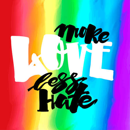 More love less hate.Gay pride  lettering calligraphic concept, inspirational homosexuality rainbow colored emblem. Watercolor slogan in doodle grunge texture styleのイラスト素材