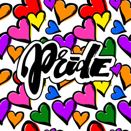Gay pride rainbow colored hearts seamless pattern.Hand rawn ink brush strokes design in doodle grunge style.Modern painted artistic print for a logo, cards, invitations, posters, banners.のイラスト素材