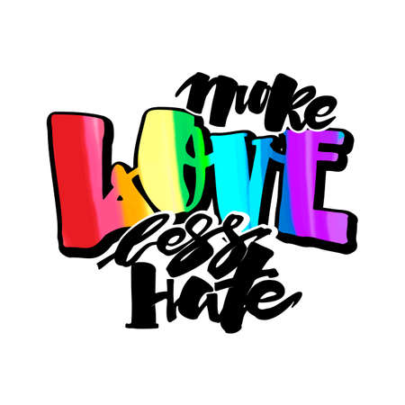 More love less hate.Gay pride  lettering calligraphic concept, inspirational homosexuality rainbow colored emblem. Watercolor slogan in doodle grunge texture styleのイラスト素材