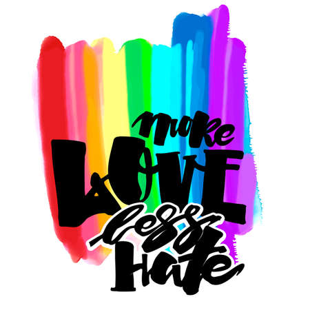 More love less hate.Gay pride  lettering calligraphic concept, inspirational homosexuality rainbow colored emblem. Watercolor slogan in doodle grunge texture styleのイラスト素材