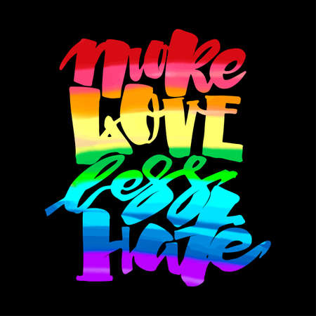 More love less hate.Gay pride  lettering calligraphic concept, inspirational homosexuality rainbow colored emblem. Watercolor slogan in doodle grunge texture styleのイラスト素材