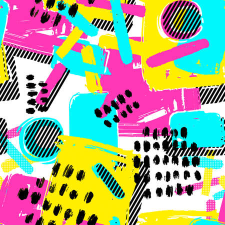 Memphis style hand drawn textured seamless pattern.Retro flavour trendy geometric elements painted with colorful ink brush strokes.のイラスト素材
