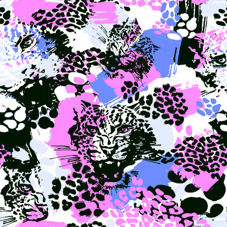 Leopard exotic cat seamless pattern. Textile ink brush strokes design in doodle grunge texture style.Unique scrapes, watercolor blotted background for a logo, cards, invitations, posters, banners.のイラスト素材