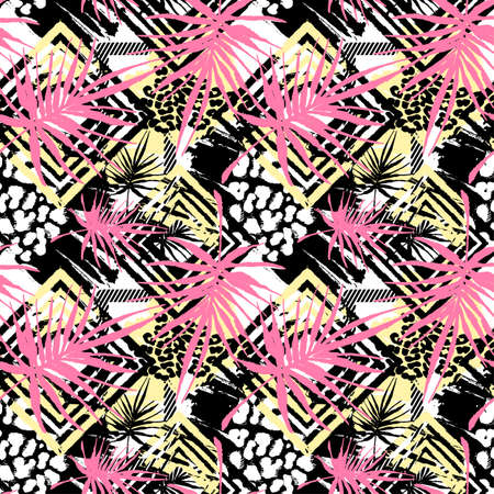 Exotic seamless tropical pattern.Textile ink brush strokes design in doodle grunge texture style.Unique scrapes, watercolor blotted background for a logo, cards, invitations, posters, banners.のイラスト素材