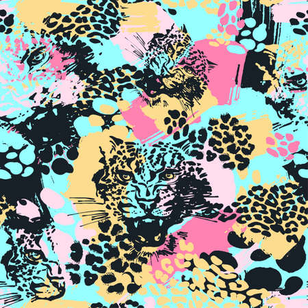 Leopard exotic cat seamless pattern. Textile ink brush strokes design in doodle grunge texture style.Unique scrapes, watercolor blotted background for a logo, cards, invitations, posters, banners.のイラスト素材