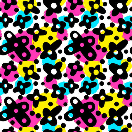Memphis style hand drawn textured seamless pattern.Retro flavour trendy geometric elements painted with colorful ink brush strokes.のイラスト素材