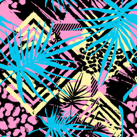 Exotic seamless tropical pattern.Textile ink brush strokes design in doodle grunge texture style.Unique scrapes, watercolor blotted background for a logo, cards, invitations, posters, banners.のイラスト素材